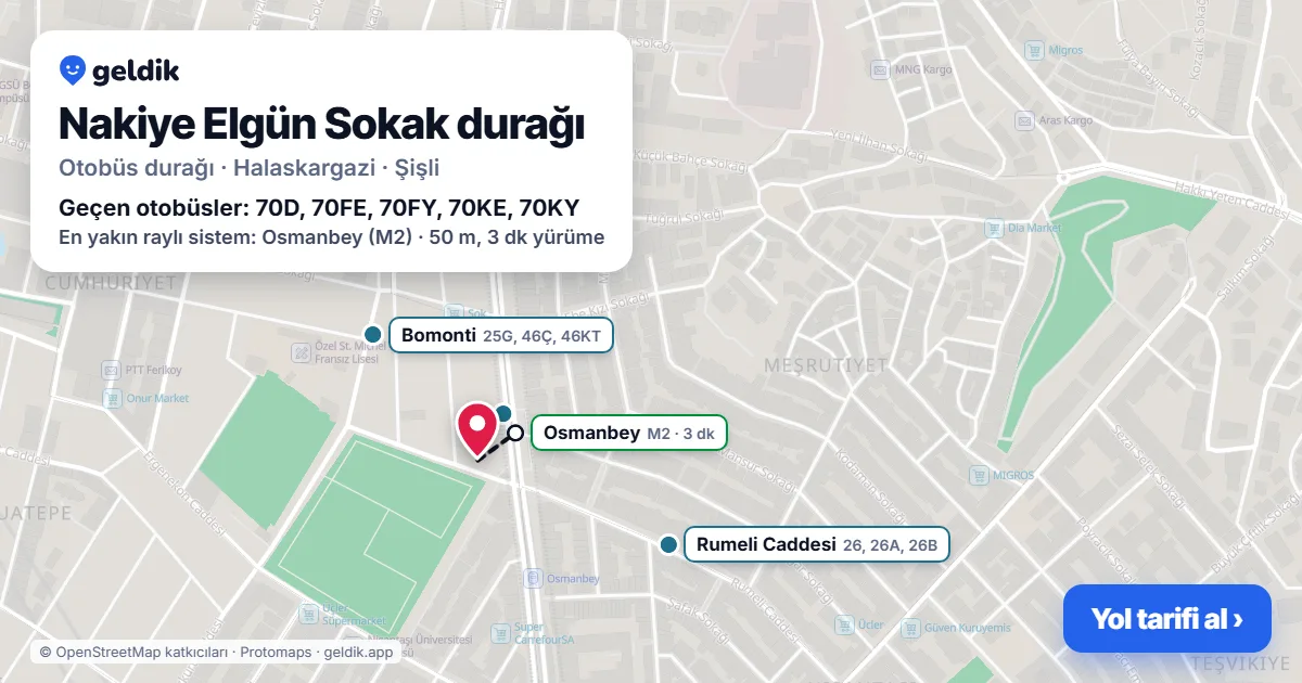Nakiye Elgün Sokak otobüs durağı haritada: konumu ve yakındaki duraklar