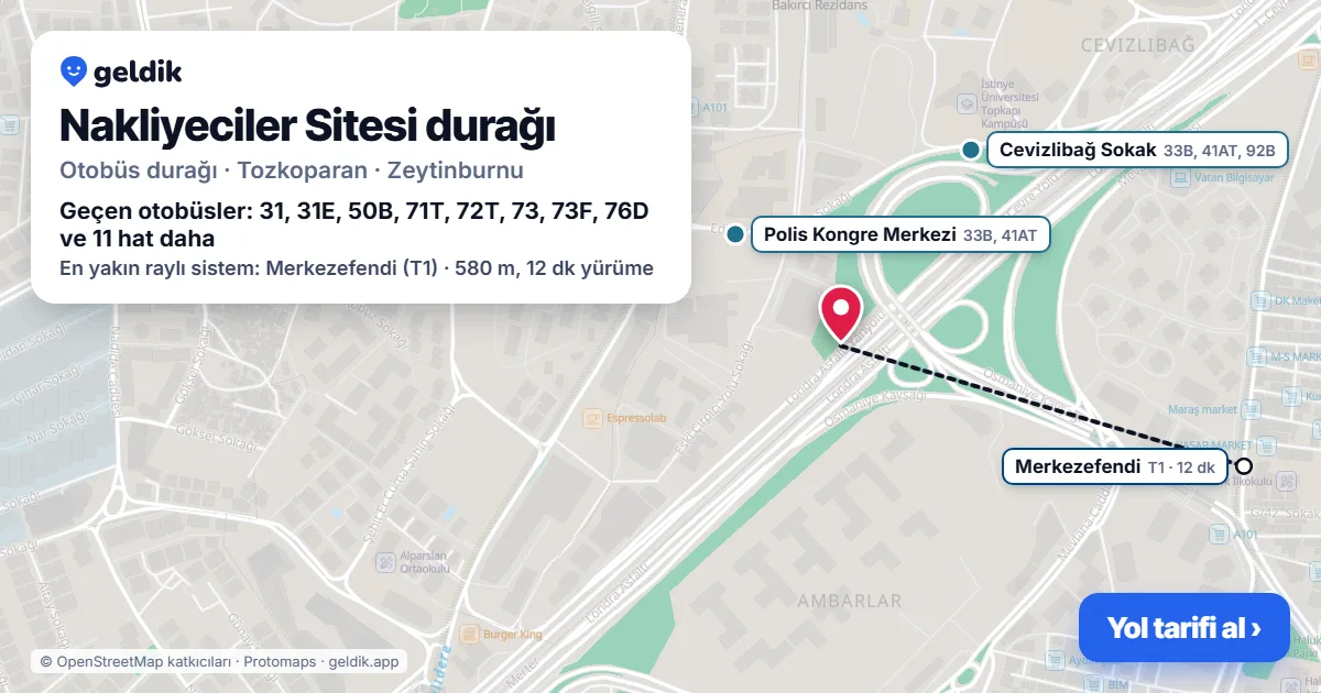 Nakliyeciler Sitesi otobüs durağı haritada: konumu ve yakındaki duraklar