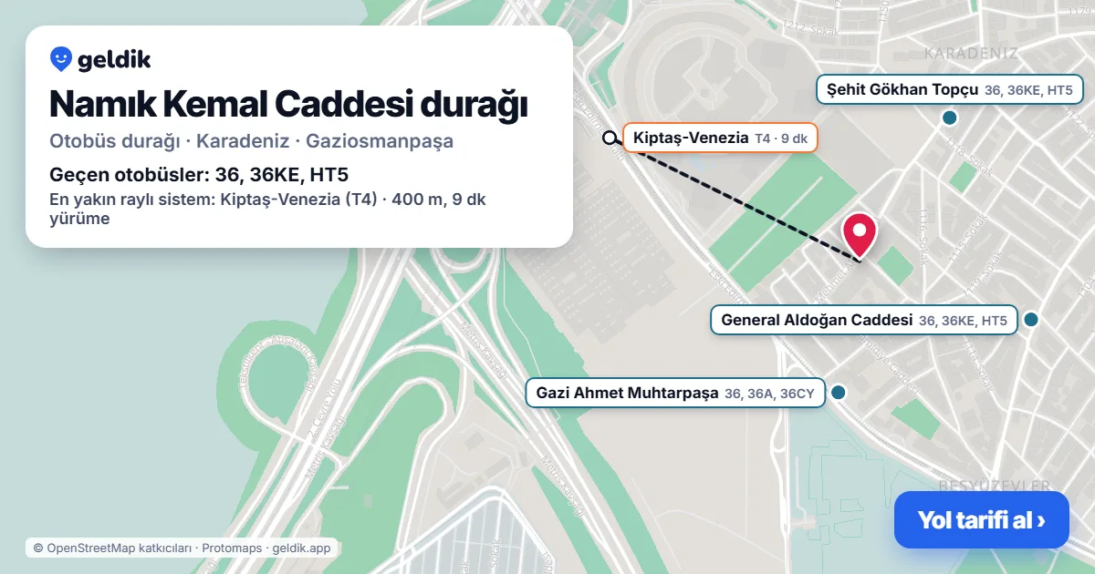 Namık Kemal Caddesi otobüs durağı haritada: konumu ve yakındaki duraklar
