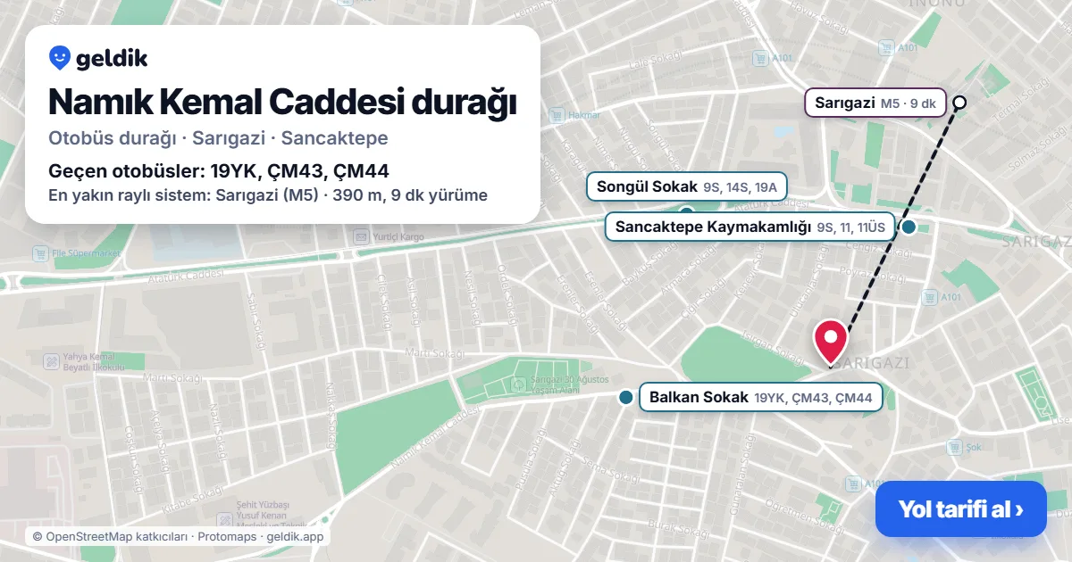 Namık Kemal Caddesi otobüs durağı haritada: konumu ve yakındaki duraklar