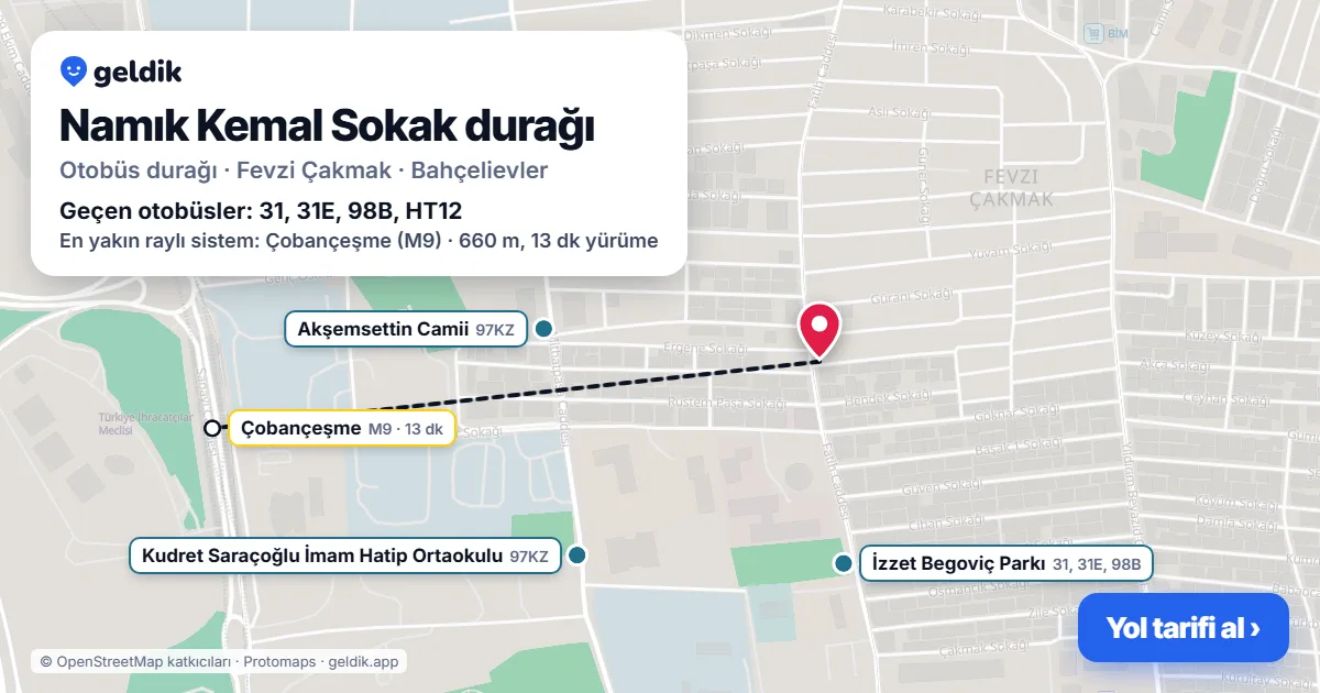 Namık Kemal Sokak otobüs durağı haritada: konumu ve yakındaki duraklar
