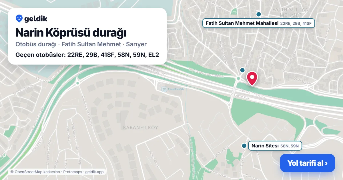 Narin Köprüsü otobüs durağı haritada: konumu ve yakındaki duraklar