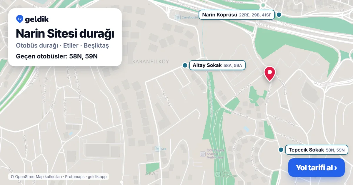 Narin Sitesi otobüs durağı haritada: konumu ve yakındaki duraklar