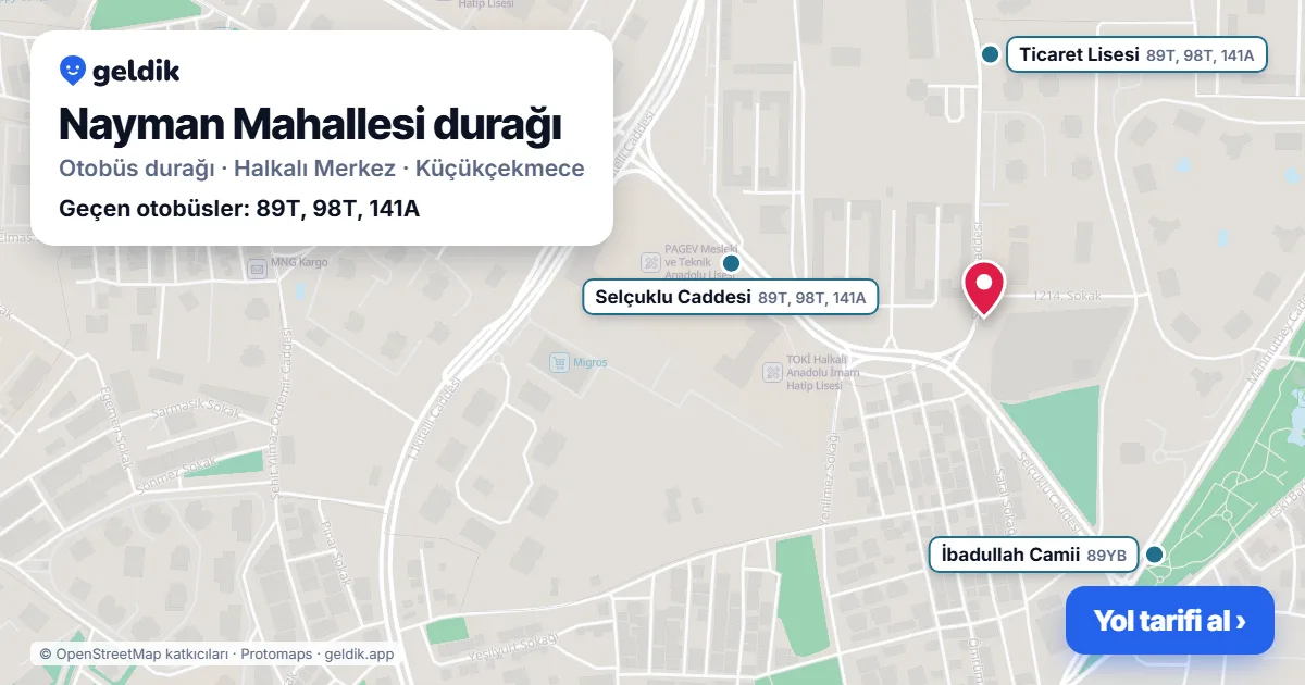 Nayman Mahallesi otobüs durağı haritada: konumu ve yakındaki duraklar