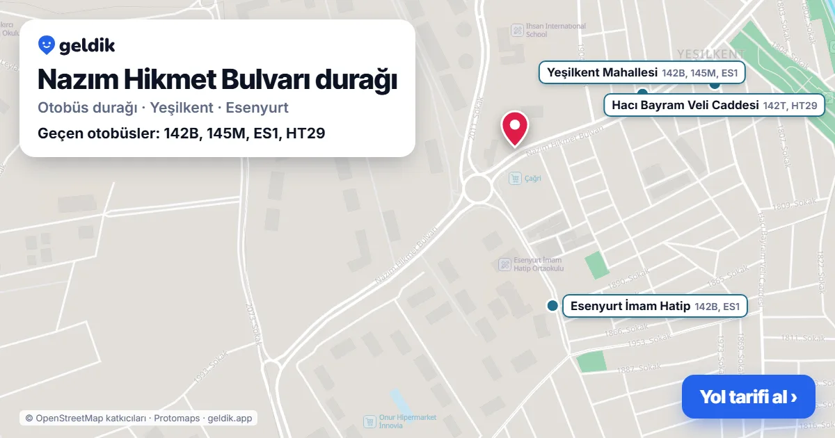 Nazım Hikmet Bulvarı otobüs durağı haritada: konumu ve yakındaki duraklar
