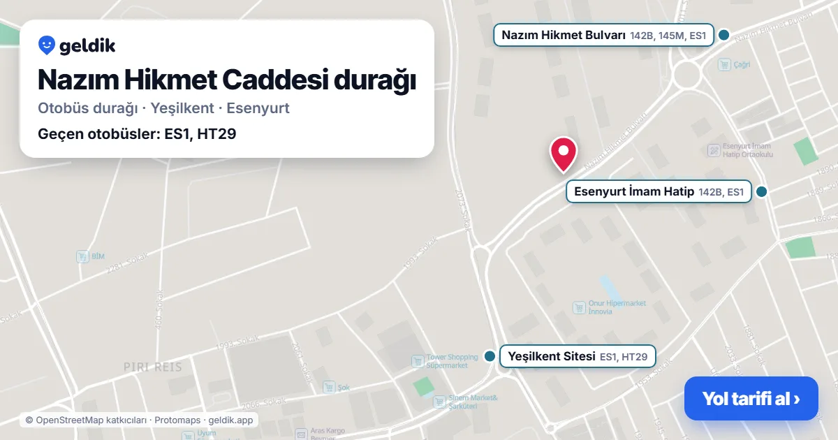 Nazım Hikmet Caddesi otobüs durağı haritada: konumu ve yakındaki duraklar