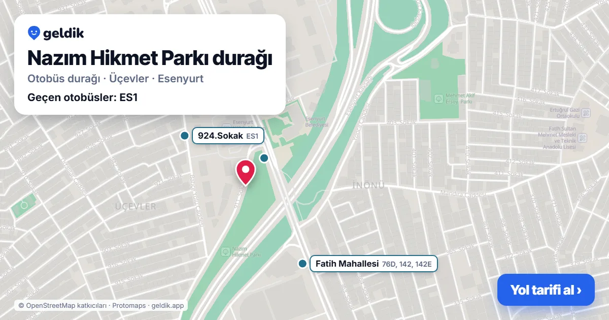 Nazım Hikmet Parkı otobüs durağı haritada: konumu ve yakındaki duraklar