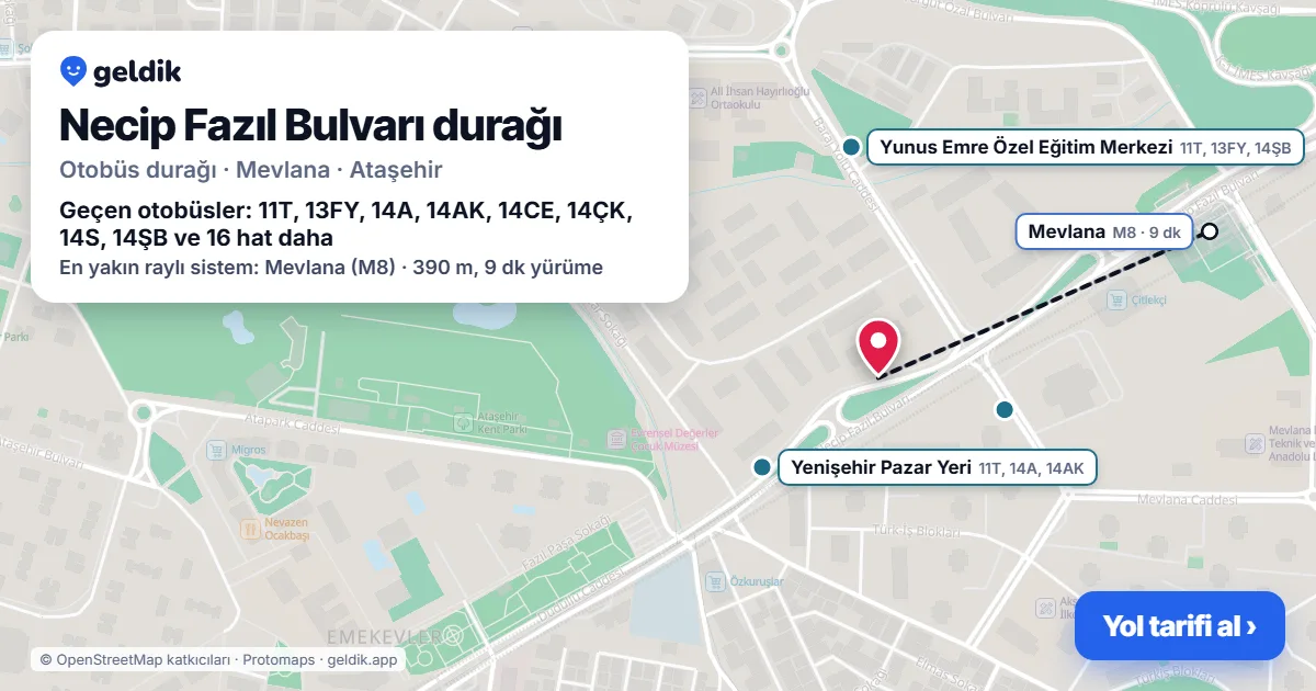Necip Fazıl Bulvarı otobüs durağı haritada: konumu ve yakındaki duraklar