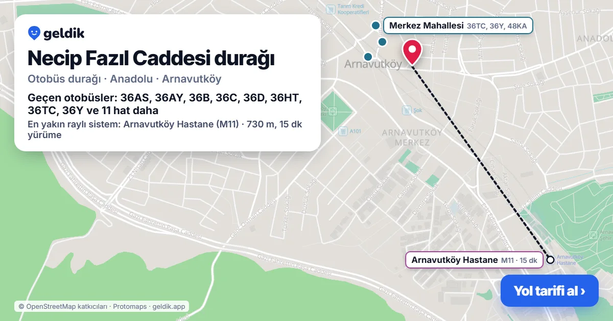 Necip Fazıl Caddesi otobüs durağı haritada: konumu ve yakındaki duraklar