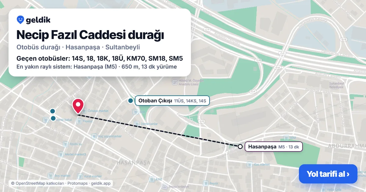 Necip Fazıl Caddesi otobüs durağı haritada: konumu ve yakındaki duraklar