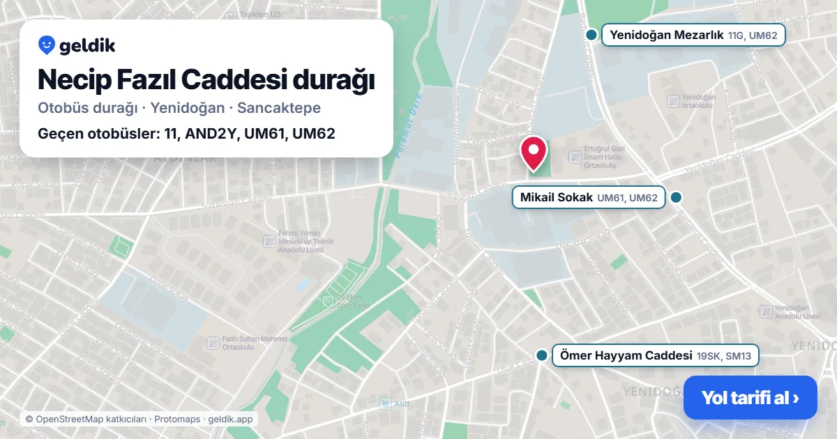 Necip Fazıl Caddesi otobüs durağı haritada: konumu ve yakındaki duraklar