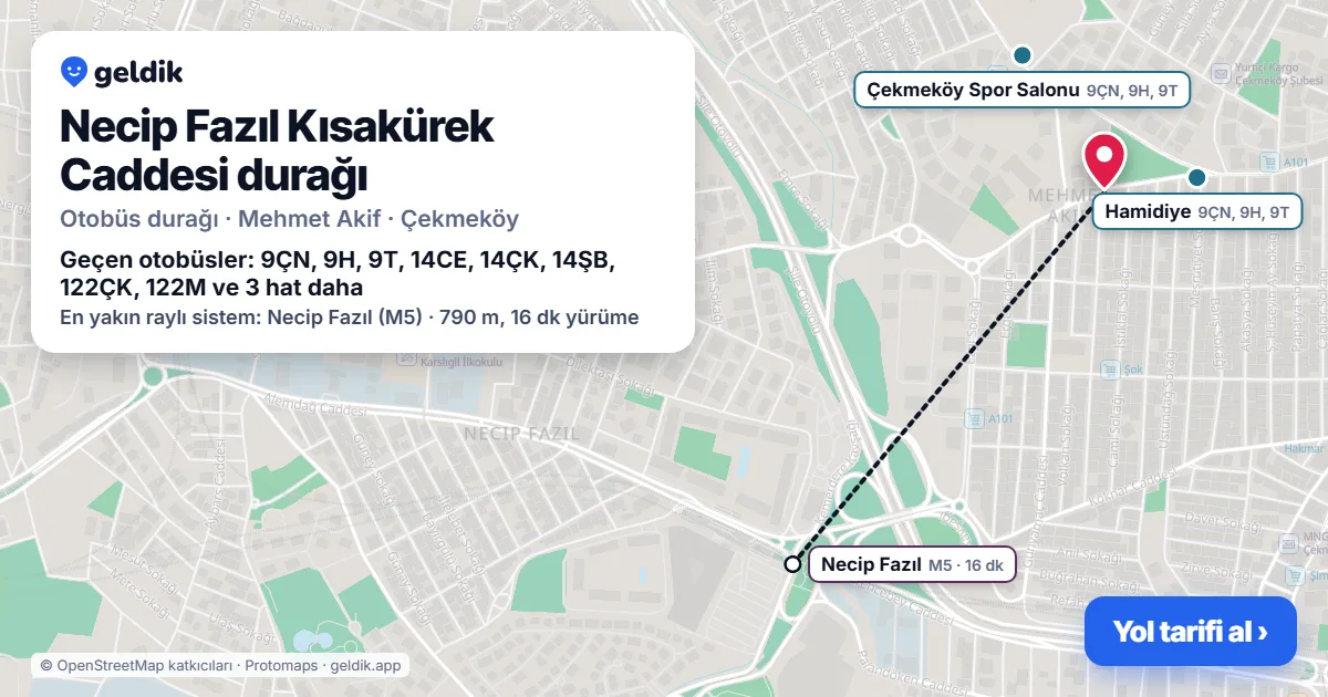 Necip Fazıl Kısakürek Caddesi otobüs durağı haritada: konumu ve yakındaki duraklar