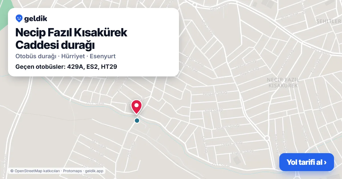 Necip Fazıl Kısakürek Caddesi otobüs durağı haritada: konumu ve yakındaki duraklar