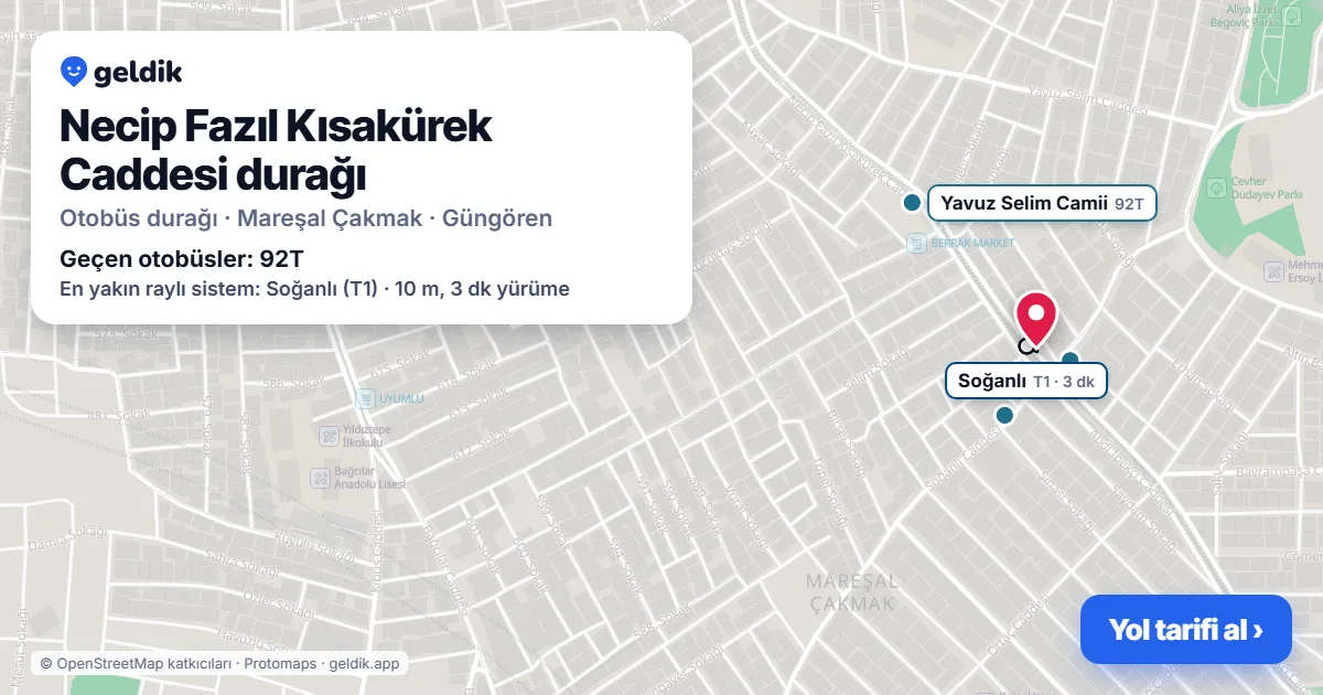 Necip Fazıl Kısakürek Caddesi otobüs durağı haritada: konumu ve yakındaki duraklar