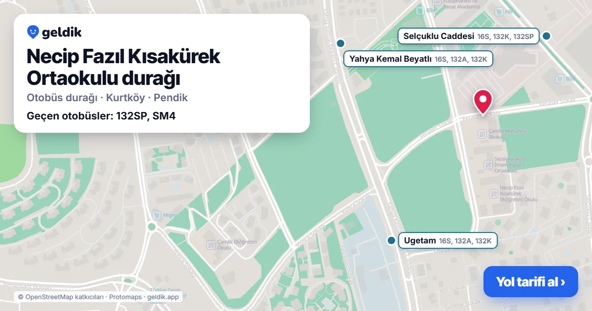 Necip Fazıl Kısakürek Ortaokulu otobüs durağı haritada: konumu ve yakındaki duraklar