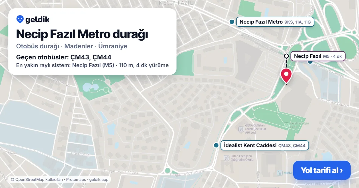 Necip Fazıl Metro otobüs durağı haritada: konumu ve yakındaki duraklar