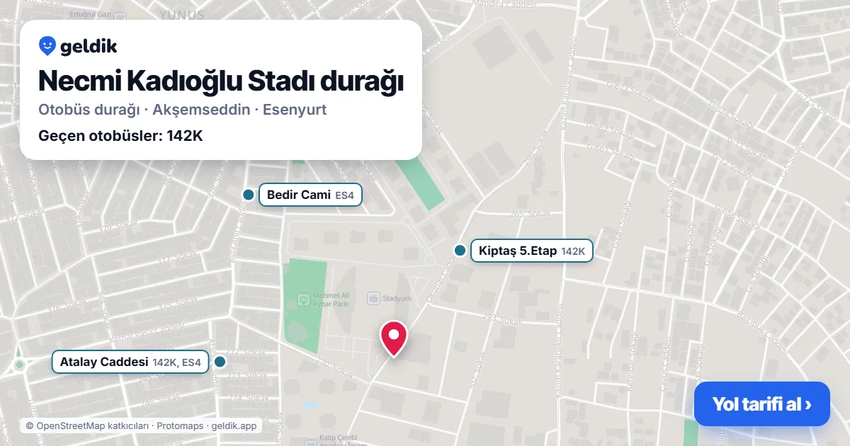 Necmi Kadıoğlu Stadı otobüs durağı haritada: konumu ve yakındaki duraklar