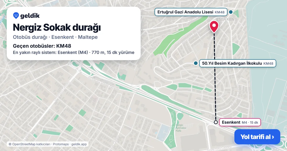 Nergiz Sokak otobüs durağı haritada: konumu ve yakındaki duraklar