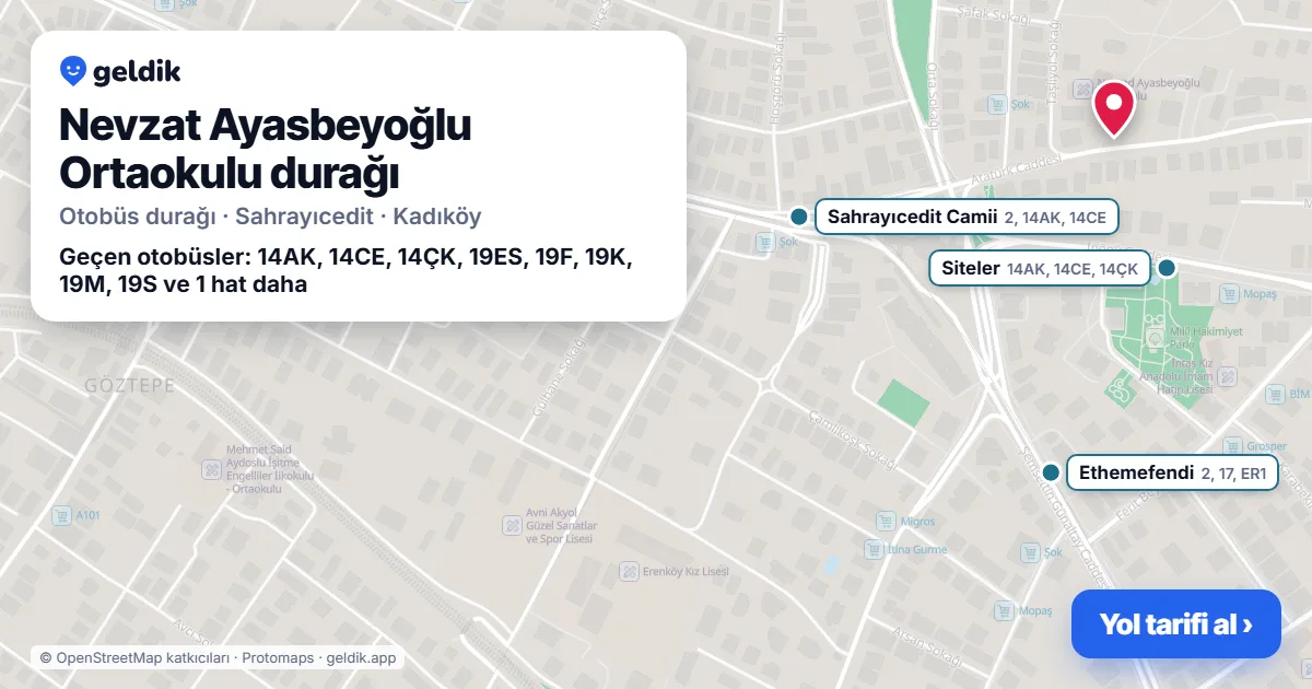 Nevzat Ayasbeyoğlu Ortaokulu otobüs durağı haritada: konumu ve yakındaki duraklar