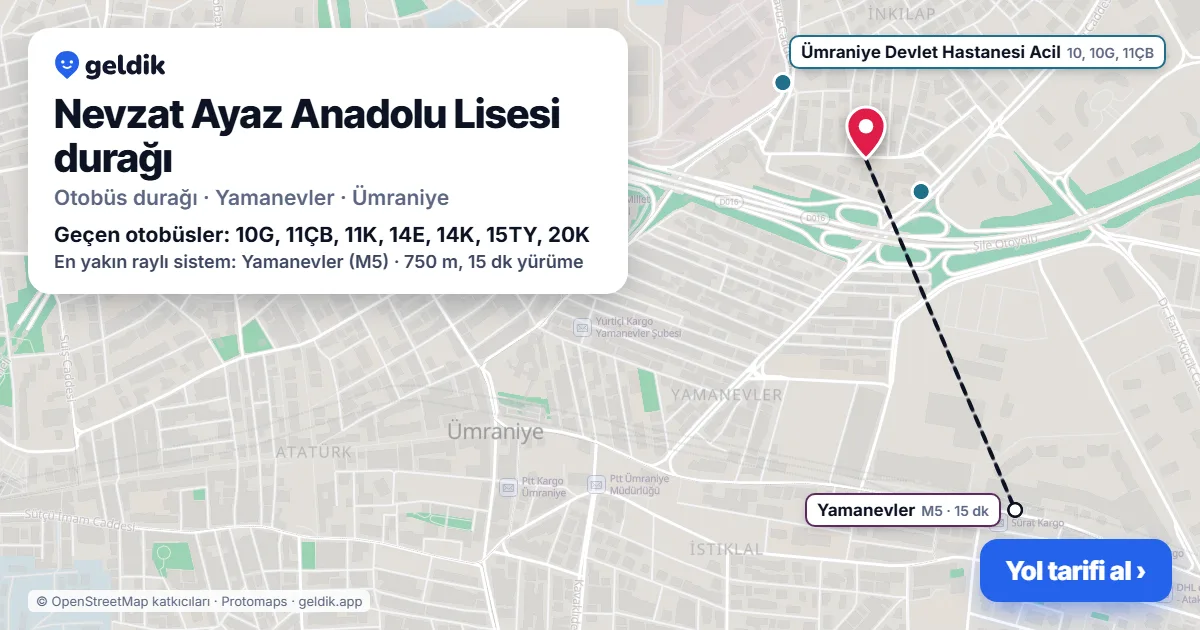 Nevzat Ayaz Anadolu Lisesi otobüs durağı haritada: konumu ve yakındaki duraklar