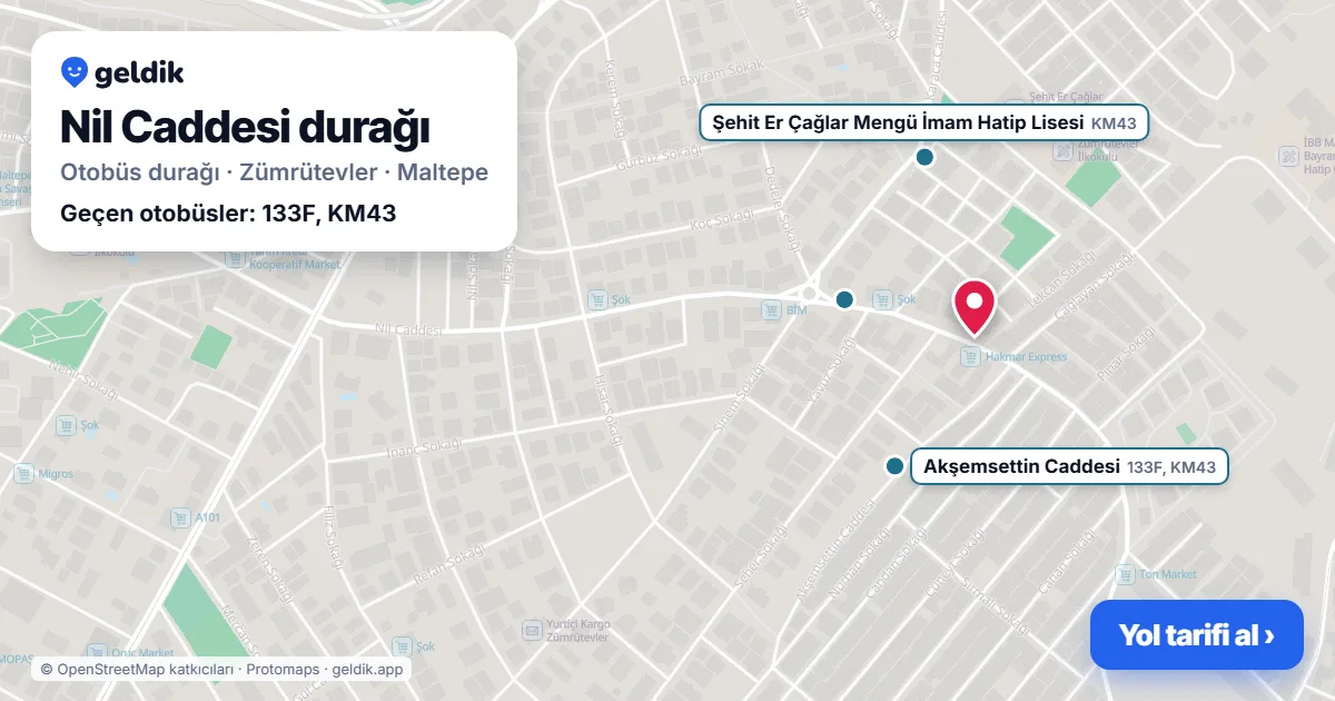 Nil Caddesi otobüs durağı haritada: konumu ve yakındaki duraklar