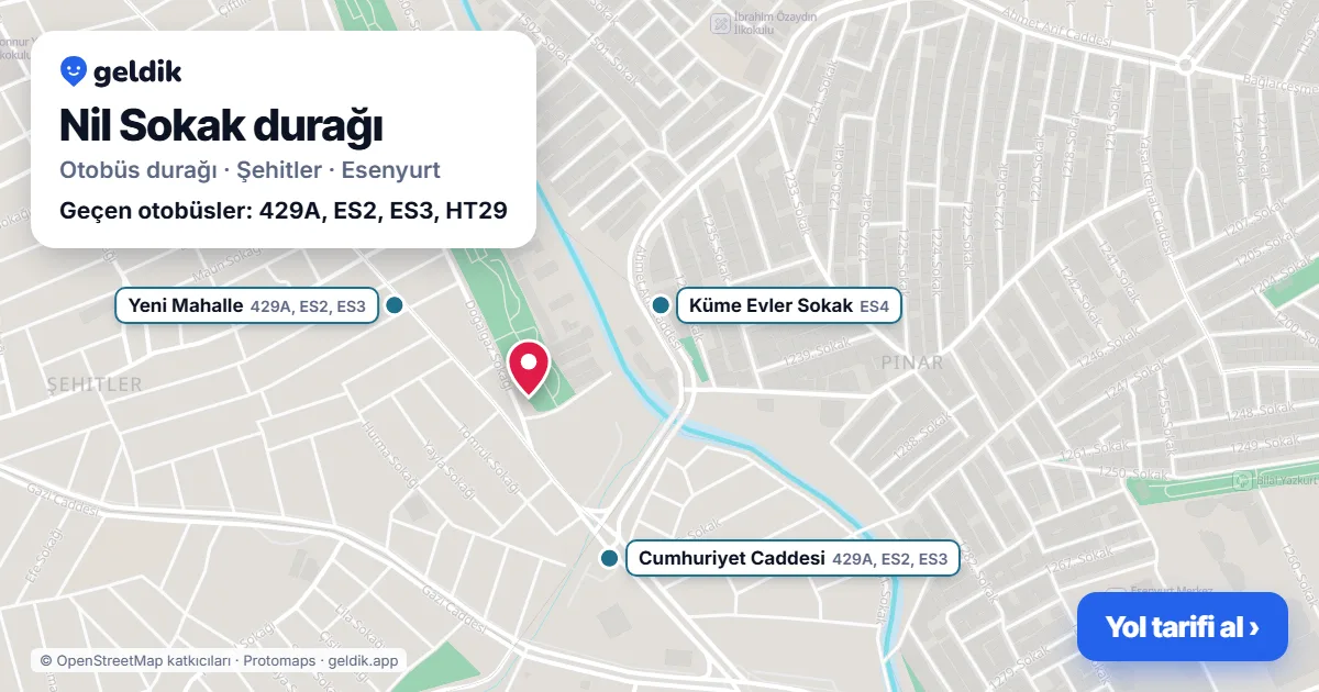 Nil Sokak otobüs durağı haritada: konumu ve yakındaki duraklar