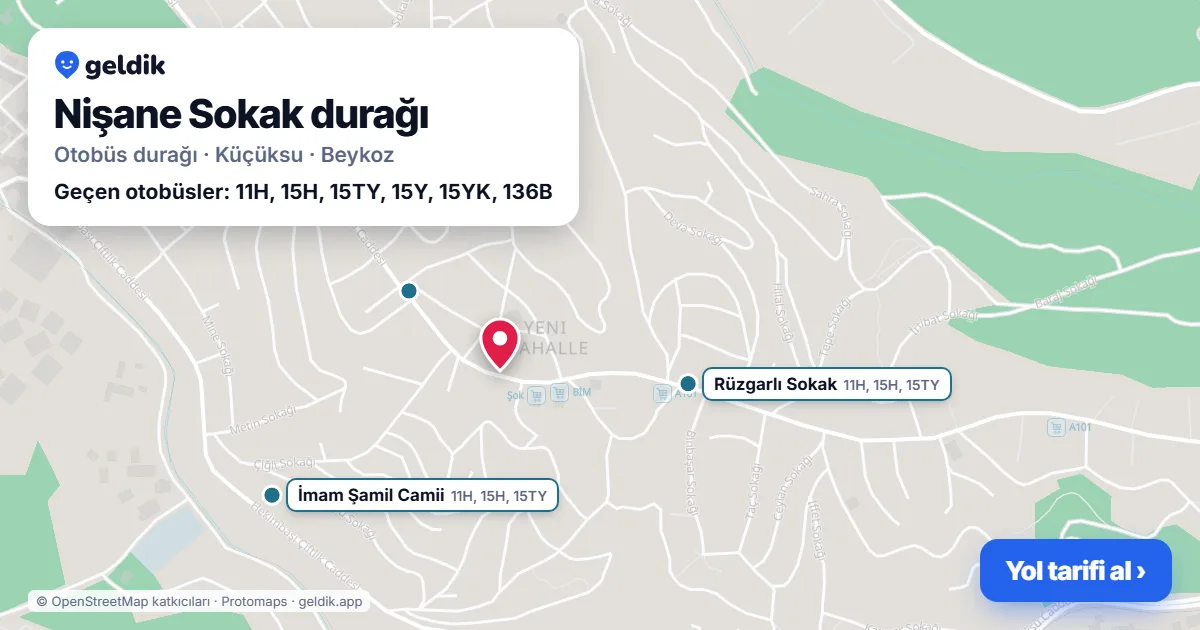 Nişane Sokak otobüs durağı haritada: konumu ve yakındaki duraklar