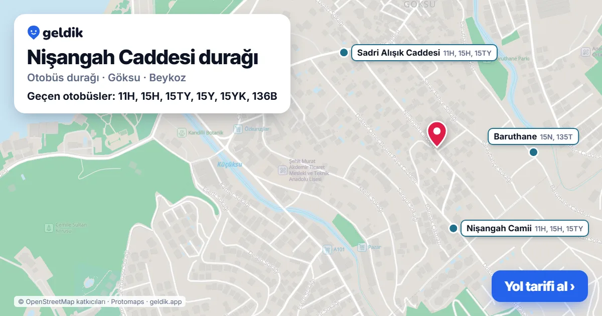 Nişangah Caddesi otobüs durağı haritada: konumu ve yakındaki duraklar