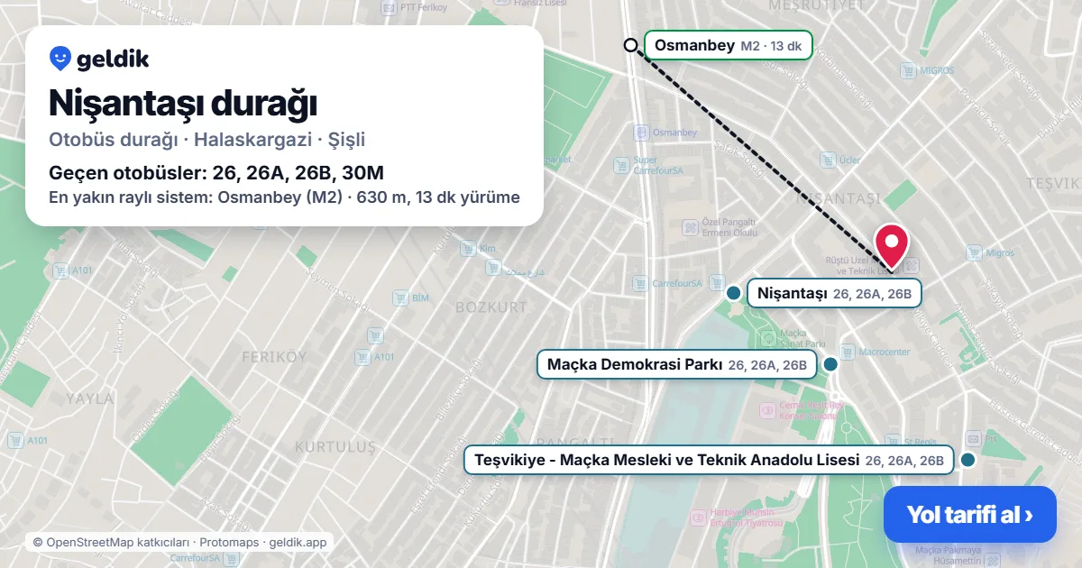 Nişantaşı otobüs durağı haritada: konumu ve yakındaki duraklar