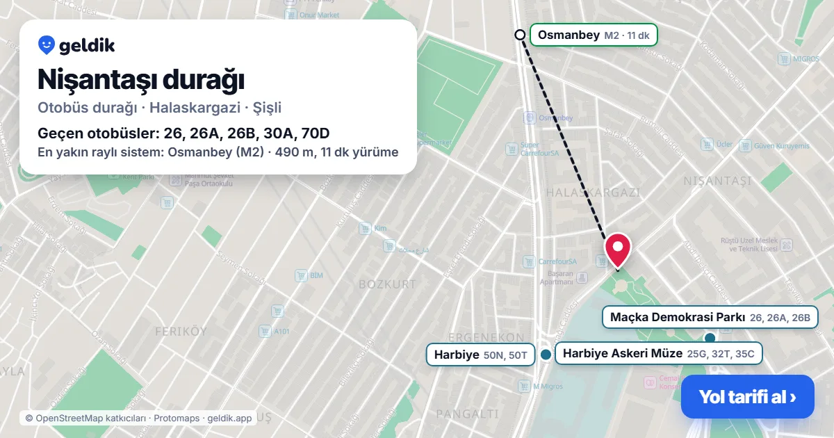 Nişantaşı otobüs durağı haritada: konumu ve yakındaki duraklar