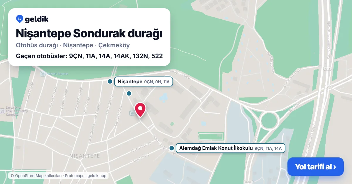 Nişantepe Sondurak otobüs durağı haritada: konumu ve yakındaki duraklar