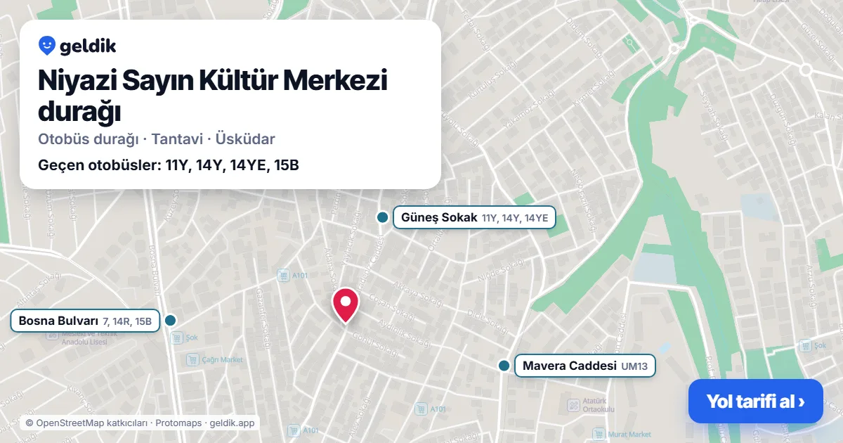 Niyazi Sayın Kültür Merkezi otobüs durağı haritada: konumu ve yakındaki duraklar