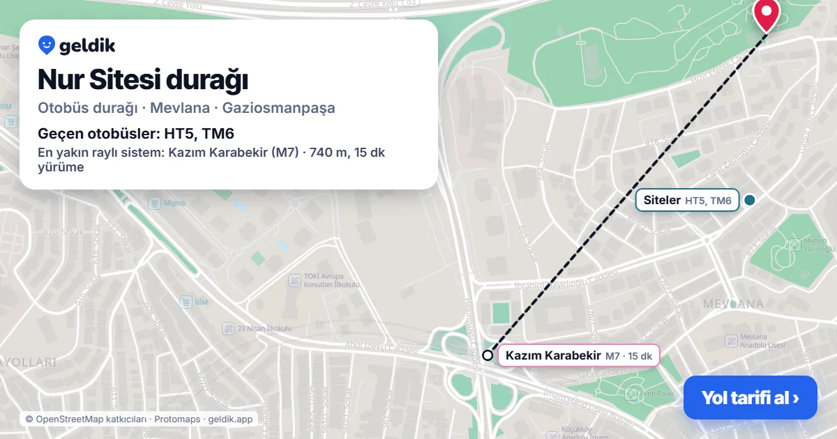 Nur Sitesi otobüs durağı haritada: konumu ve yakındaki duraklar