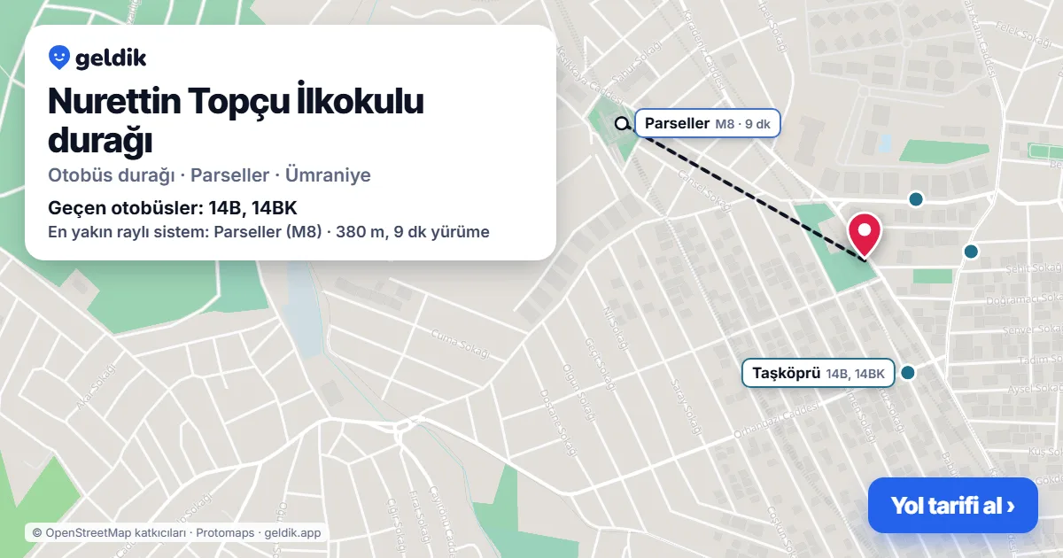 Nurettin Topçu İlkokulu otobüs durağı haritada: konumu ve yakındaki duraklar