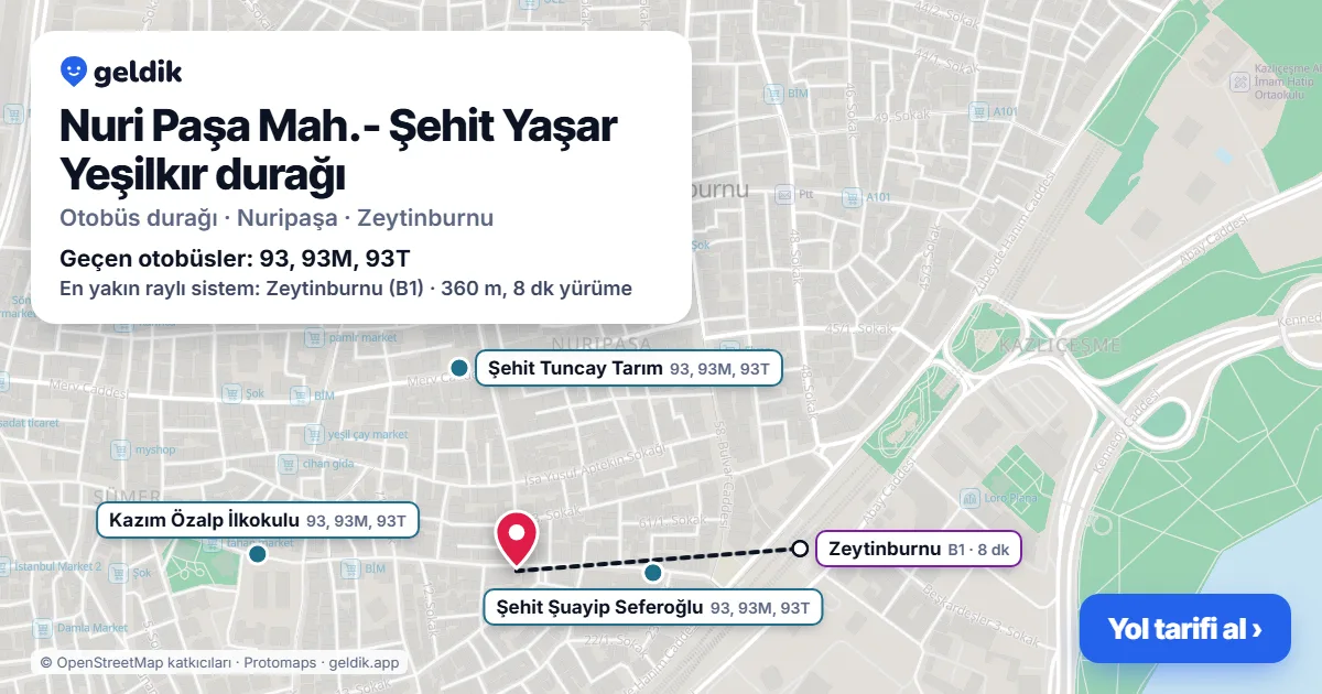 Nuri Paşa Mah.- Şehit Yaşar Yeşilkır otobüs durağı haritada: konumu ve yakındaki duraklar