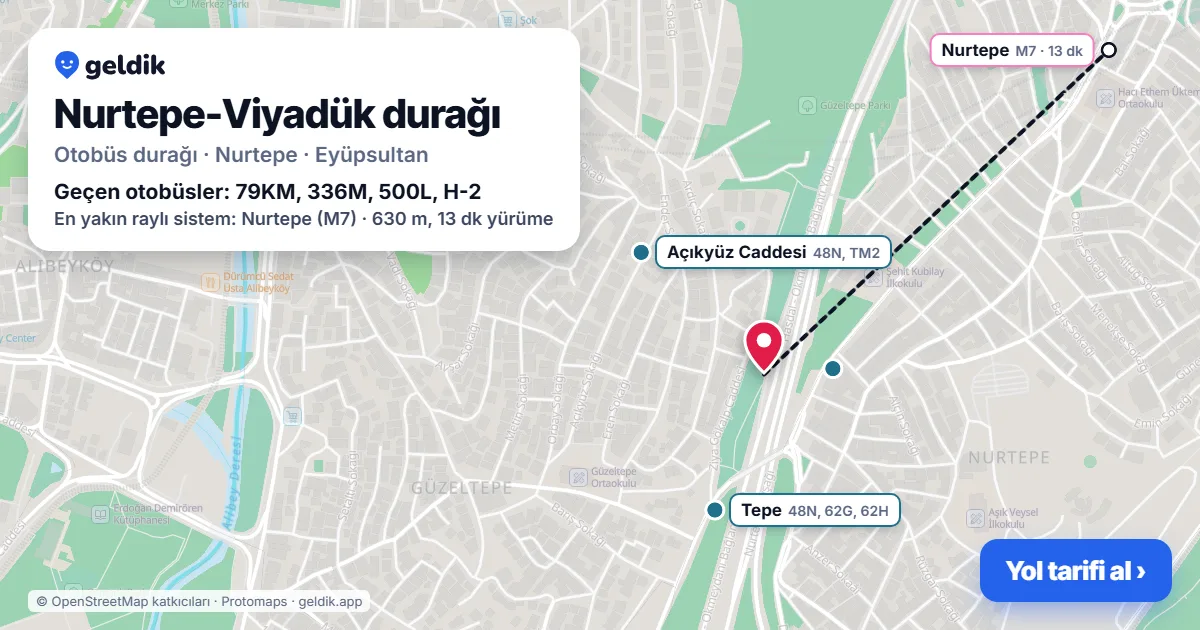 Nurtepe-Viyadük otobüs durağı haritada: konumu ve yakındaki duraklar