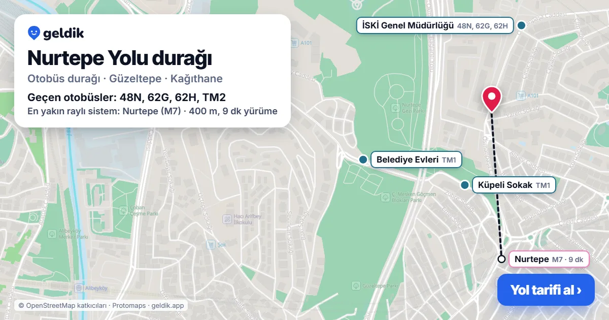 Nurtepe Yolu otobüs durağı haritada: konumu ve yakındaki duraklar