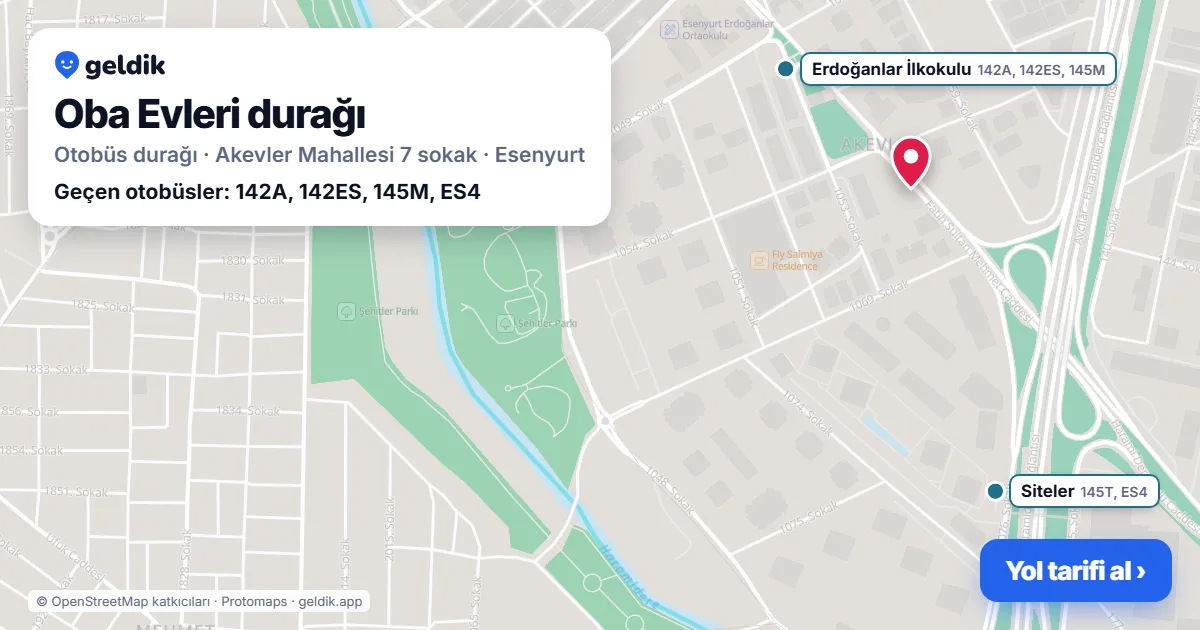 Oba Evleri otobüs durağı haritada: konumu ve yakındaki duraklar