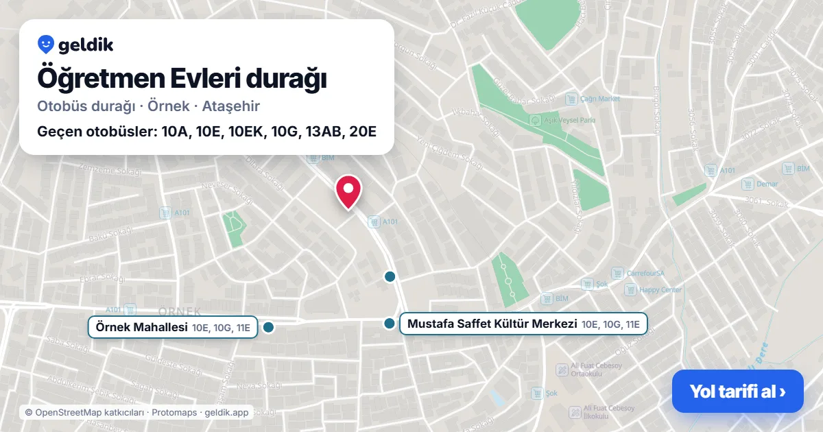 Öğretmen Evleri otobüs durağı haritada: konumu ve yakındaki duraklar