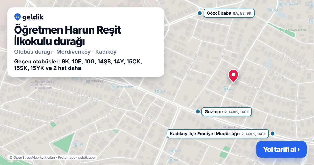 Öğretmen Harun Reşit İlkokulu otobüs durağı haritada: konumu ve yakındaki duraklar