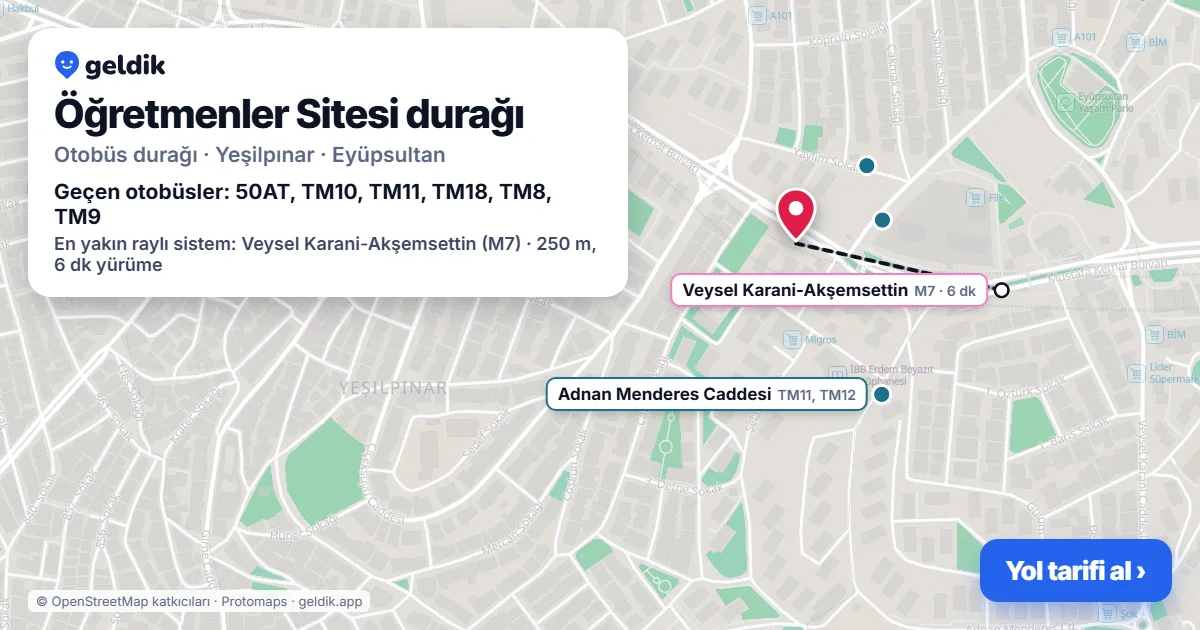 Öğretmenler Sitesi otobüs durağı haritada: konumu ve yakındaki duraklar