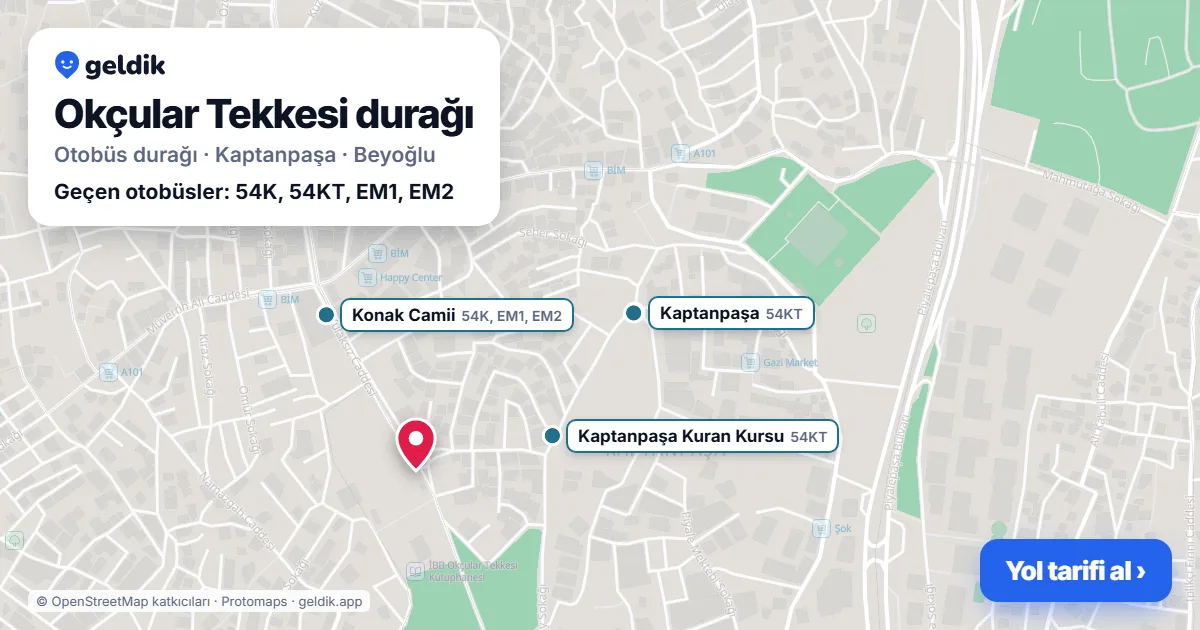 Okçular Tekkesi otobüs durağı haritada: konumu ve yakındaki duraklar