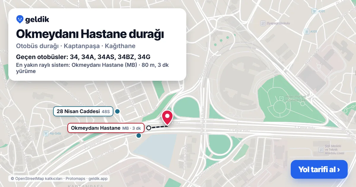 Okmeydanı Hastane otobüs durağı haritada: konumu ve yakındaki duraklar