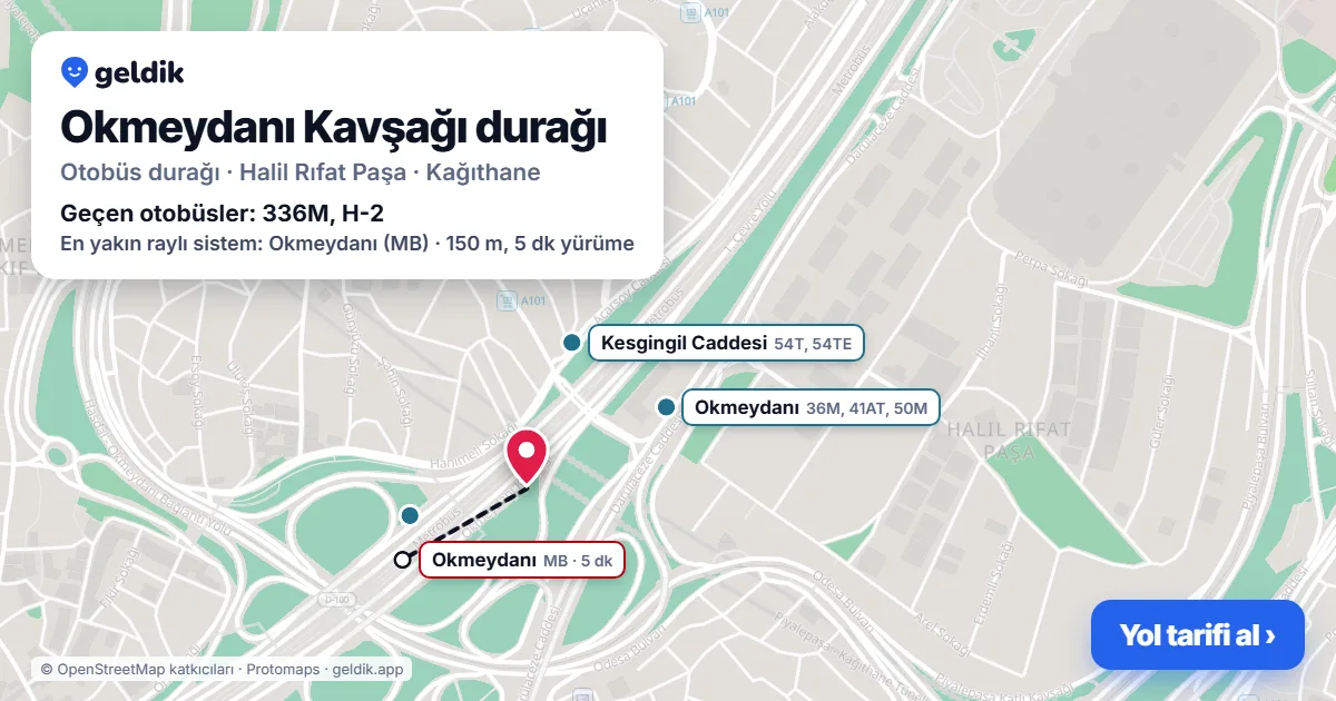Okmeydanı Kavşağı otobüs durağı haritada: konumu ve yakındaki duraklar