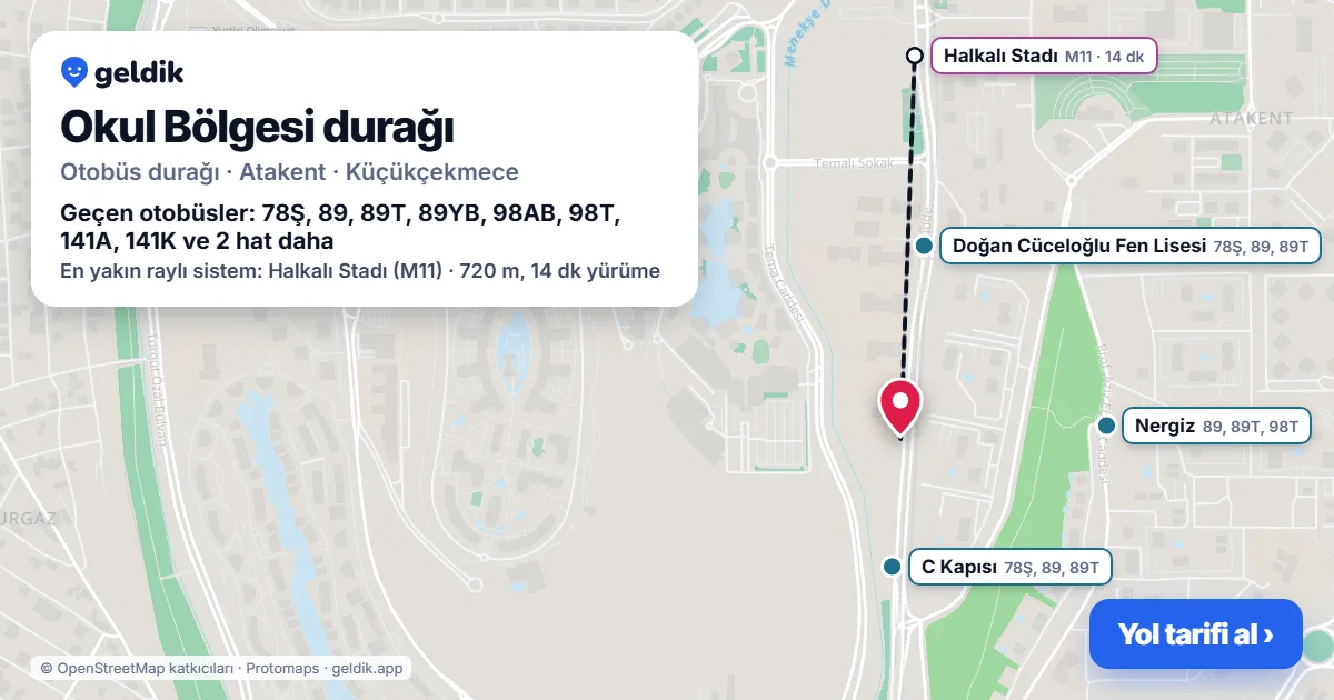 Okul Bölgesi otobüs durağı haritada: konumu ve yakındaki duraklar