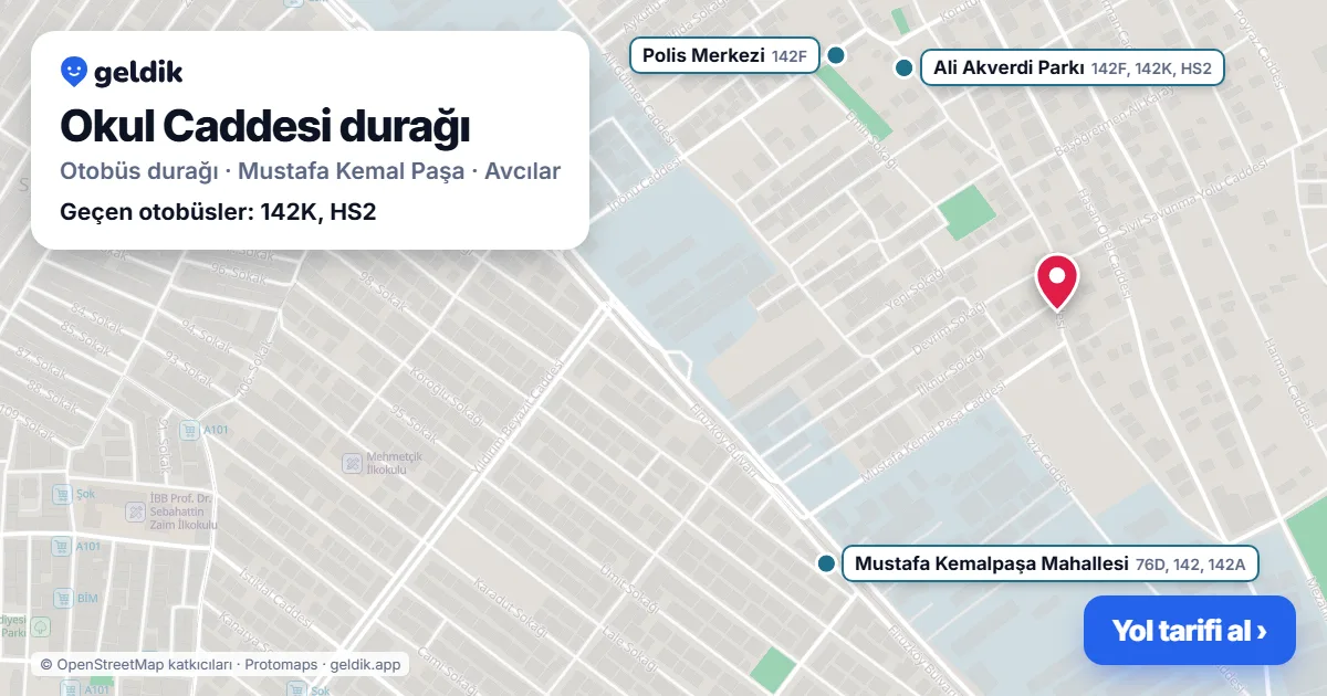 Okul Caddesi otobüs durağı haritada: konumu ve yakındaki duraklar