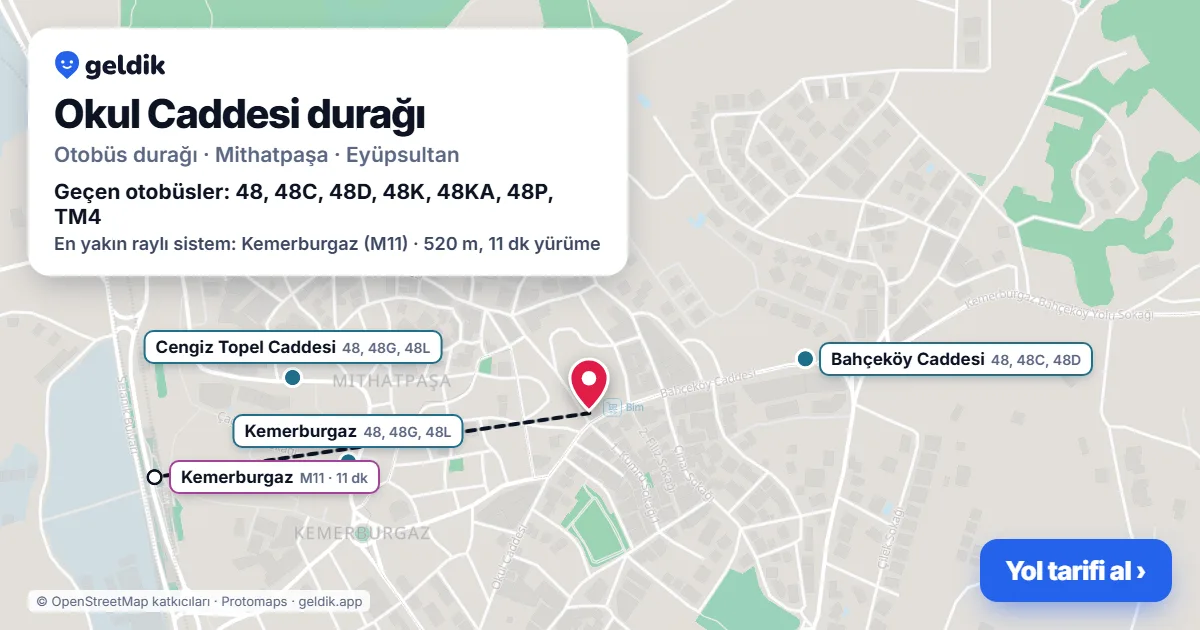 Okul Caddesi otobüs durağı haritada: konumu ve yakındaki duraklar