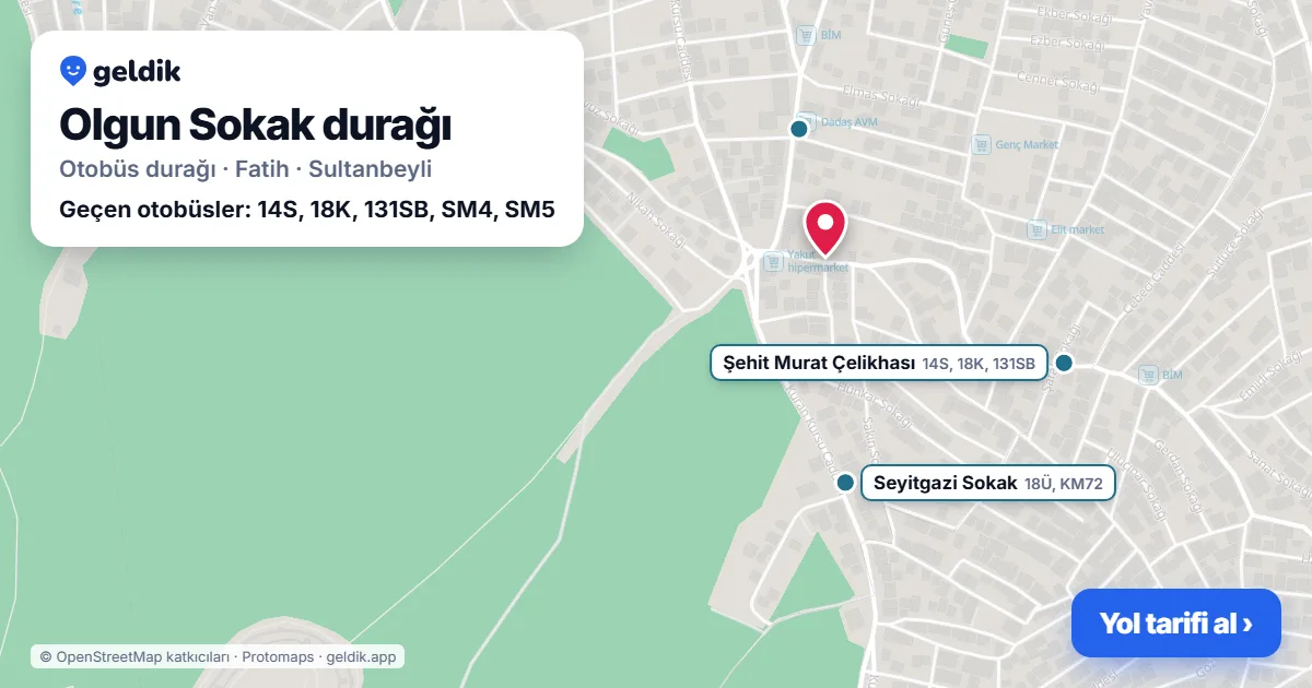 Olgun Sokak otobüs durağı haritada: konumu ve yakındaki duraklar