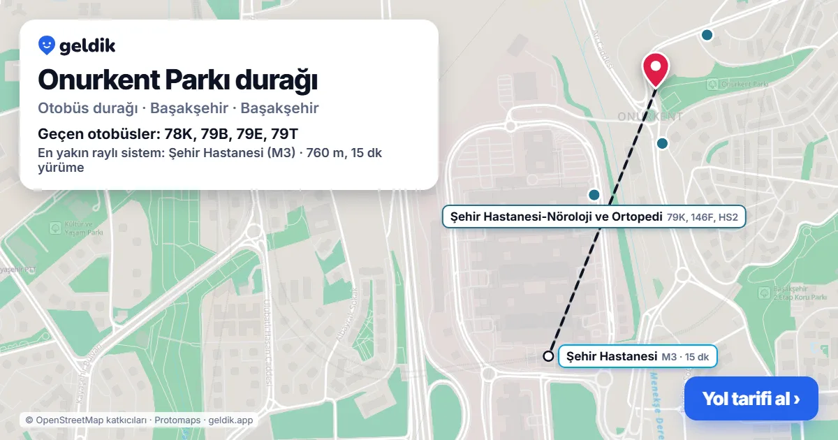 Onurkent Parkı otobüs durağı haritada: konumu ve yakındaki duraklar