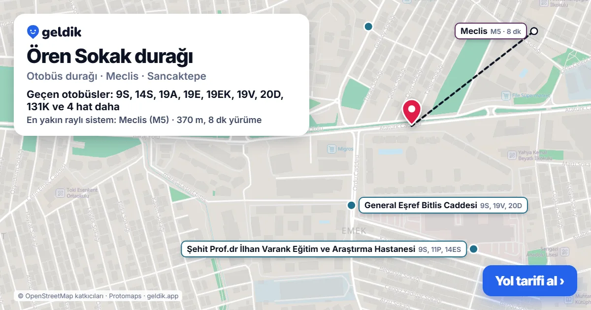 Ören Sokak otobüs durağı haritada: konumu ve yakındaki duraklar
